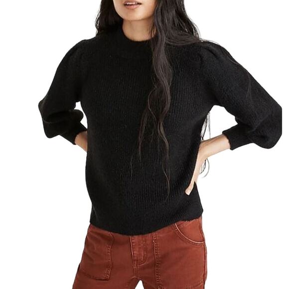 MADEWELL‎ NEW $98 Eaton Puff-Sleeve Pullover Sweater Metallic / True Black XS - Picture 1 of 5
